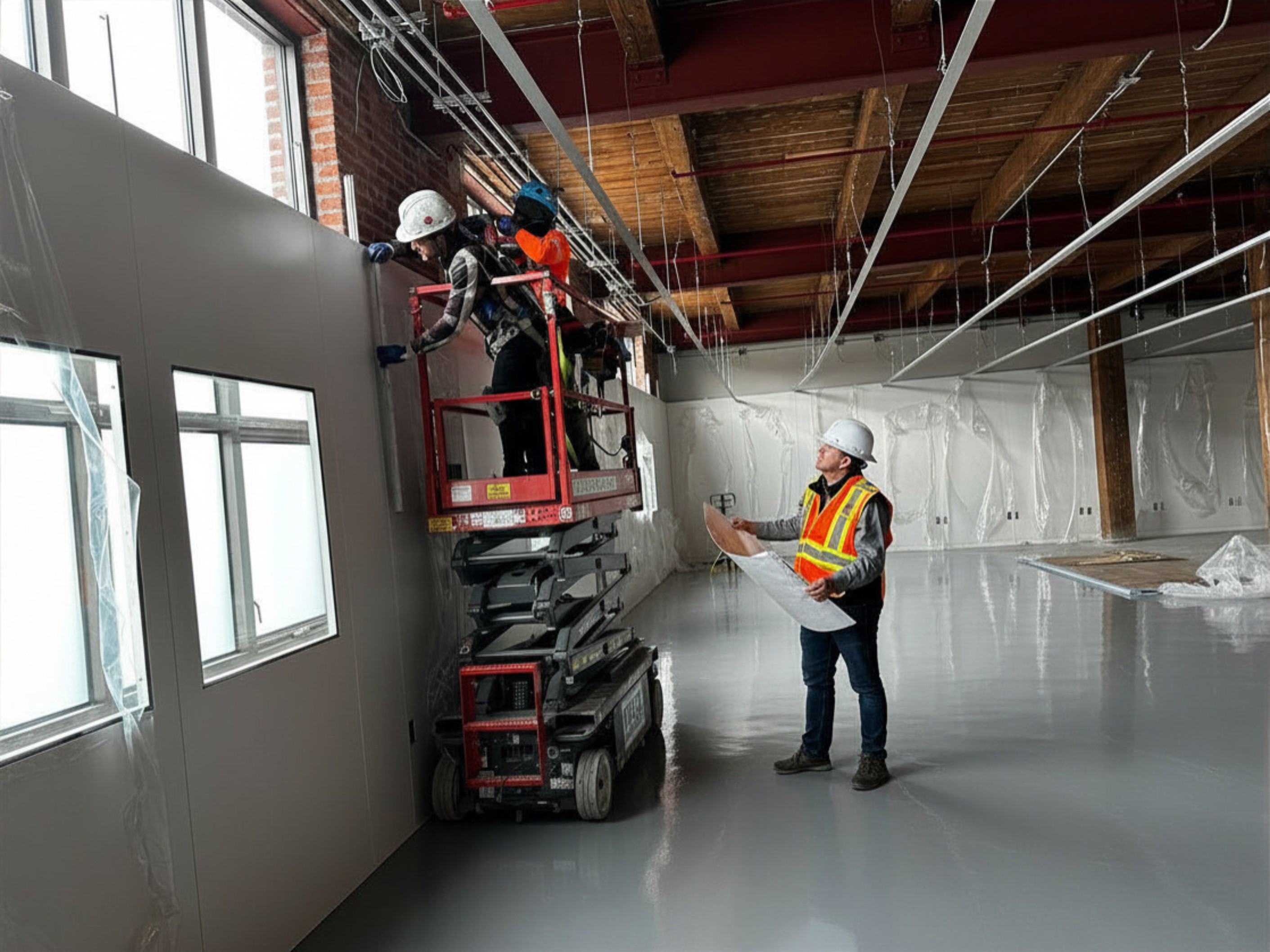 Moddulx field crew installing self-supported cleanroom modular wall panels.