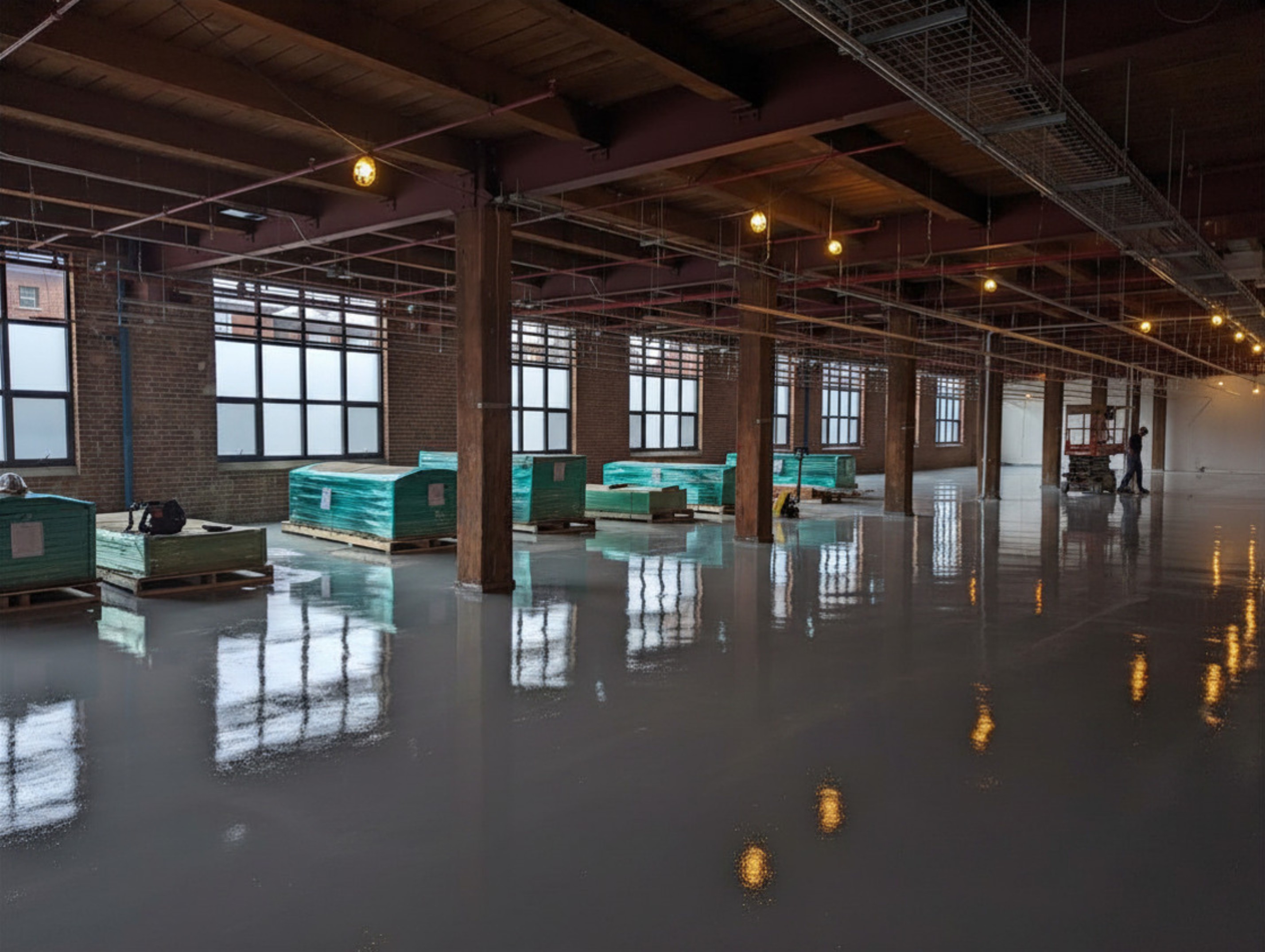 Factory-direct sandwich panels staged on pallets inside a North American industrial facility layout.