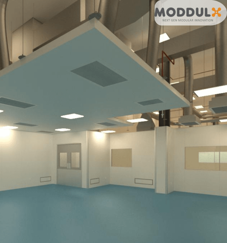 Real-world photograph of a walkable cleanroom ceiling plenum with industrial HVAC ducting and supports.