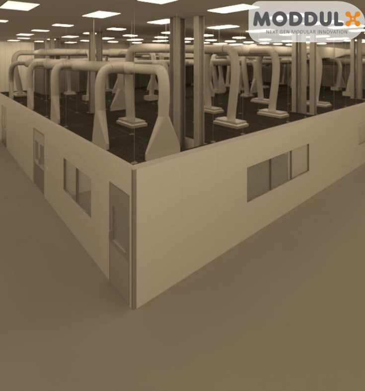 3D isometric view of a modular cleanroom facility design with return air walls and integrated ductwork.