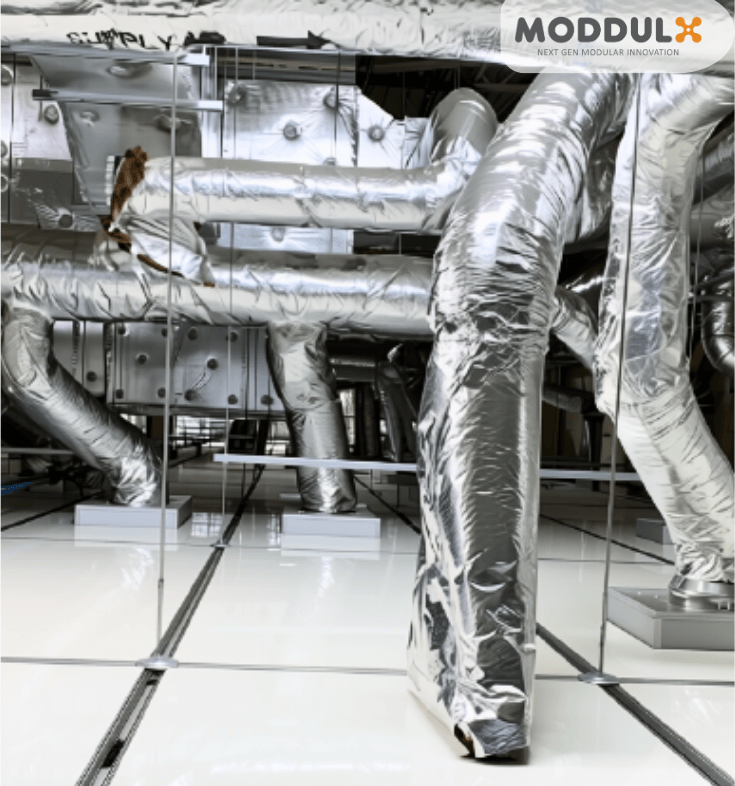Interior view of a sterile cleanroom displaying seamless floor joints, uPVC wall panels, and drop ceiling modules.