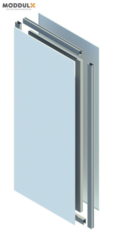 3D exploded isometric diagram of a sandwich panel assembly.
