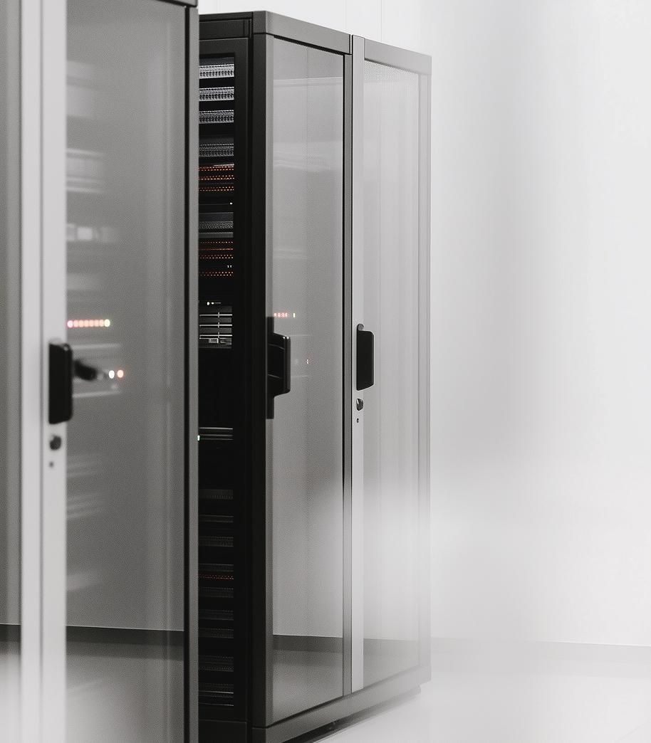 Server racks with glass doors and illuminated equipment inside in a clean, modern data center.