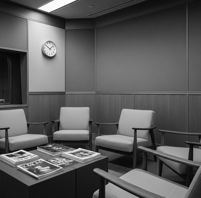 Black and white photo of a waiting room with five cushioned chairs arranged around a square table holding several magazines, and a wall clock showing 10:10.
