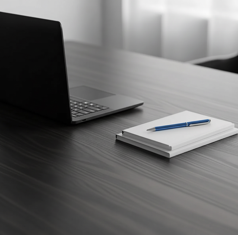 Open laptop on a wooden desk next to two stacked notebooks with a blue pen on top.