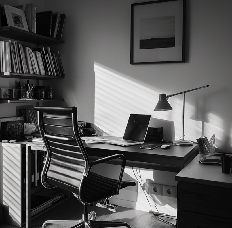 Home office with a black office chair, desk lamp, laptop, and shelves filled with books bathed in sunlight through blinds.