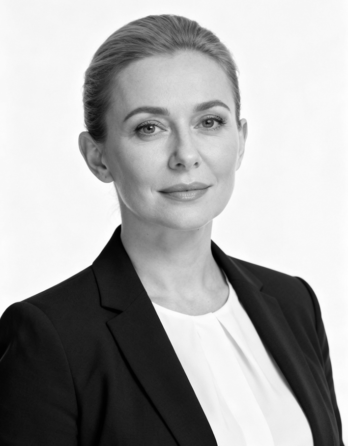 Confident woman with light eyes and pulled-back hair wearing a black blazer and white blouse, against a plain background.