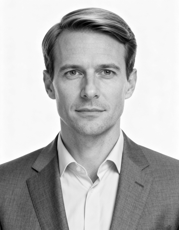 Black and white headshot of a man in a suit jacket and white shirt, looking directly at the camera with a neutral expression.