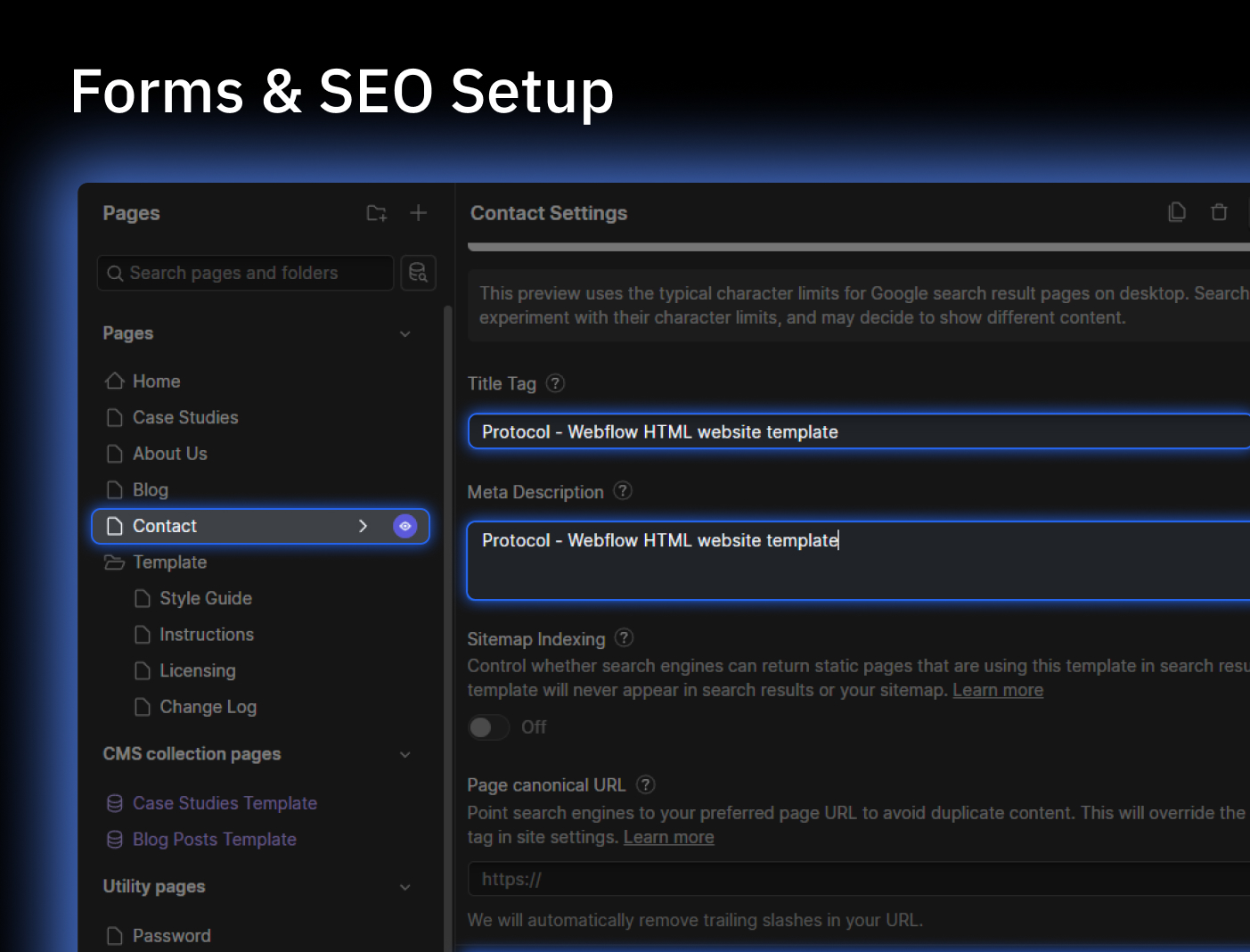 Webflow editor interface showing Forms & SEO setup with Contact page settings including Title Tag and Meta Description fields filled with 'Protocol - Webflow HTML website template'.