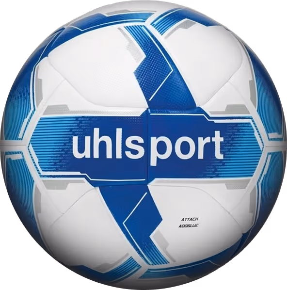 White and blue uhlsport soccer ball with geometric patterns and text reading 'uhlsport' and 'ATTACK ADDGLUE'.