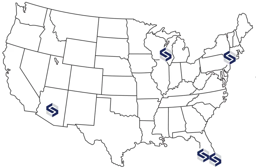 Outline map of the United States with four location markers in Arizona, Illinois, New York, and Florida.