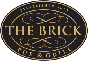 The Brick Pub & Grill logo with stylized text and decorative swirls in gold on a black oval background, established 2015.