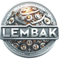 Circular metallic emblem with intricate gears and the word LEMBAK in bold letters across the center.