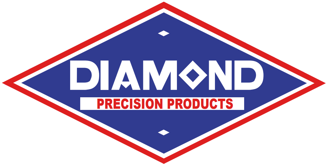 Diamond Precision Products logo with white text on a blue diamond shape bordered in red and white.