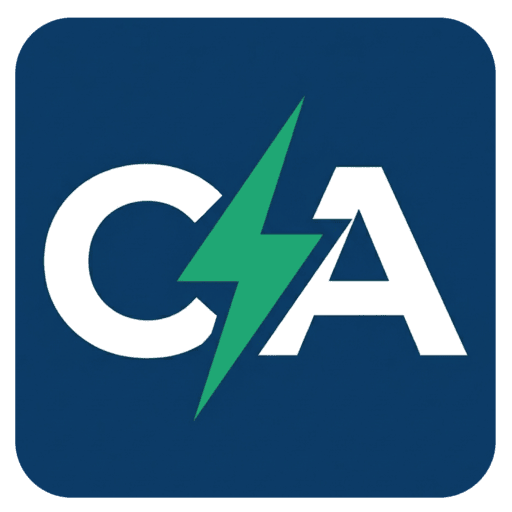 Current Affairs LLC “CA” logo in dark blue