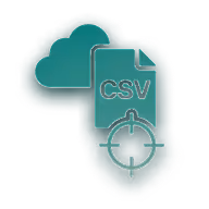 Green cloud icon with CSV file and target crosshair symbol.