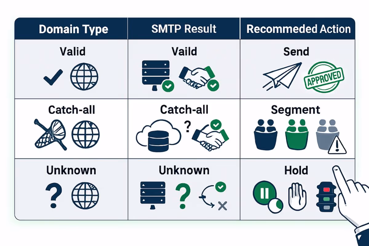 An infographic table for an emailawesome.com blog post comparing email verification results. The three columns are 'Domain Type', 'SMTP Result', and 'Recommended Action', showing actions like 'Send', 'Segment', and 'Hold'.
