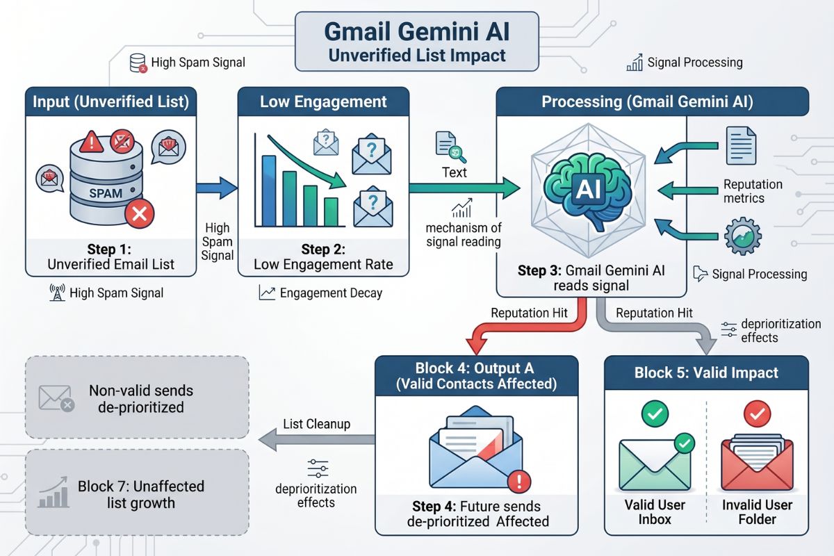 Gmail Gemini AI email deliverability 2026 — how unverified lists reduce engagement signals and affect inbox placement