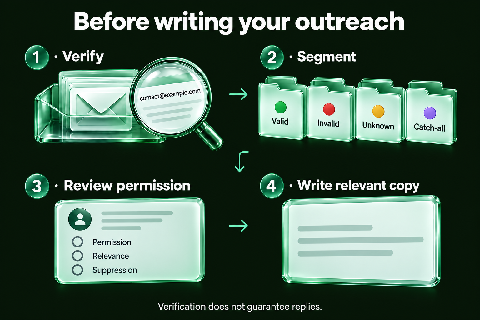 Four-step preparation for outreach: verify addresses, segment by result, review permission, and write relevant copy. Verification does not guarantee replies.