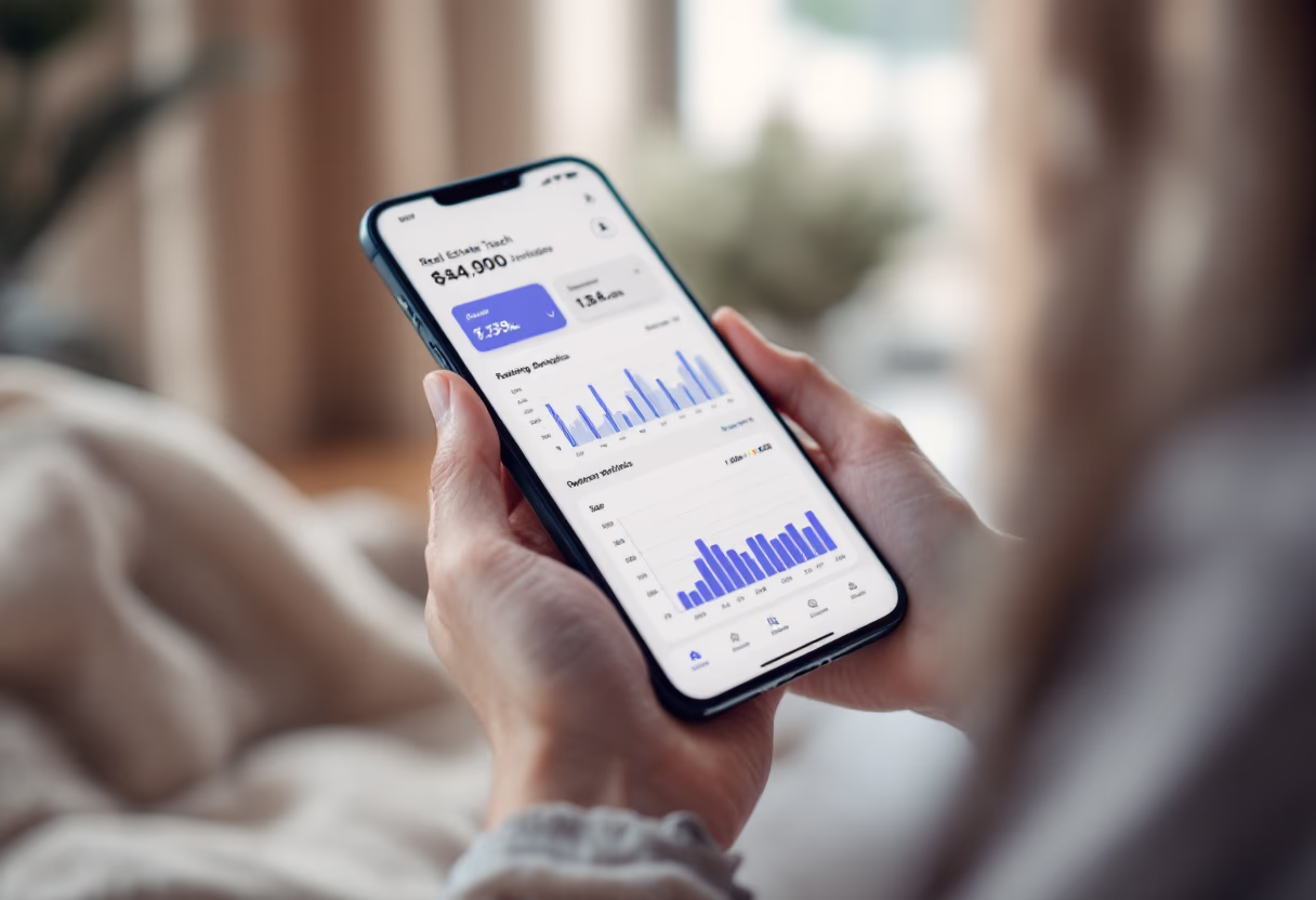 image of analytics dashboard (for a real estate tech) displayed on a mobile device