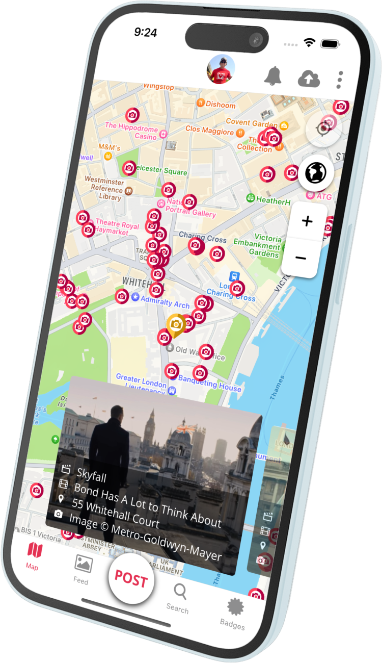 Film Trail mobile app displaying an interactive map with film location pins and a movie scene preview