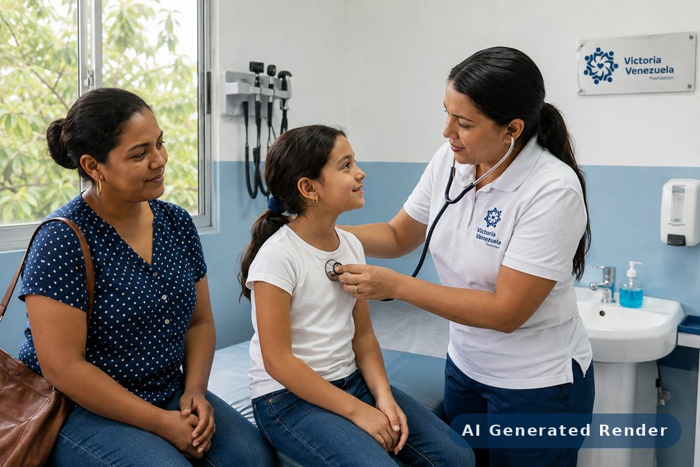 A nurse examining a young girl while her mother sits beside her.