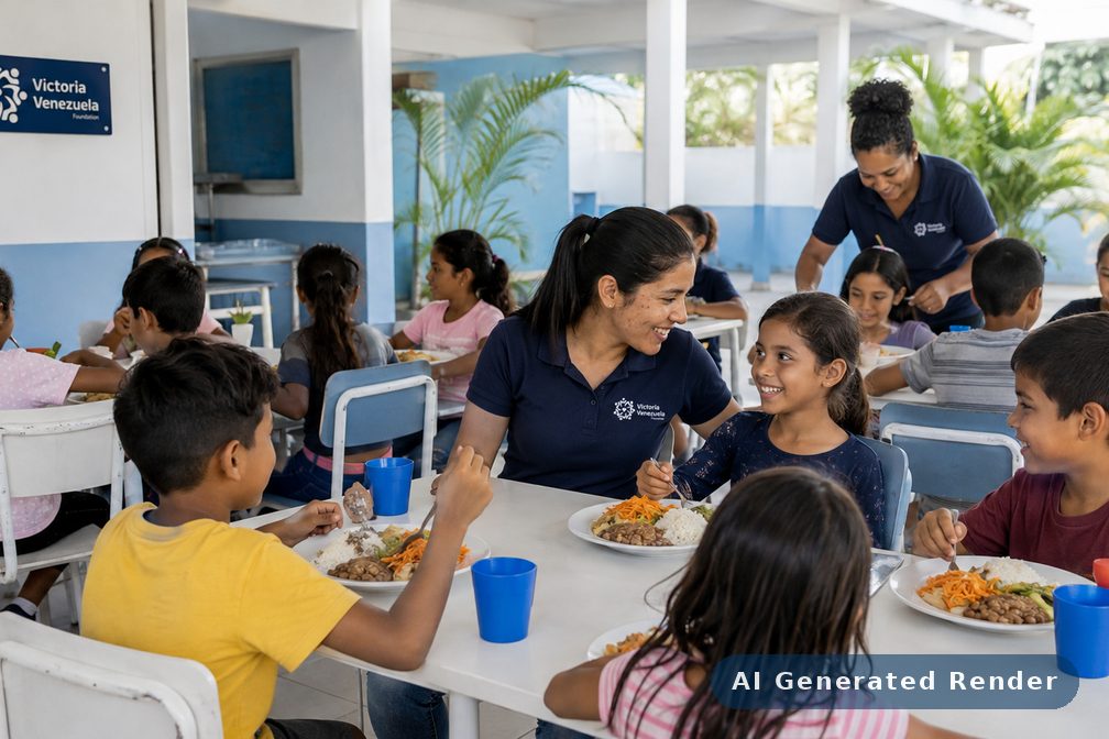 Children eating a hot meal together in the centre's dining room.