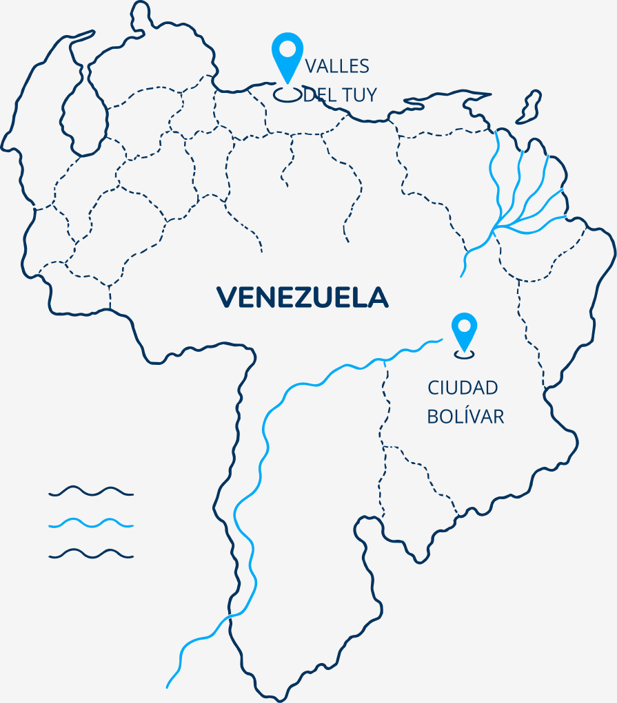 Map of Venezuela showing our two regions, Los Valles del Tuy and Ciudad Bolívar