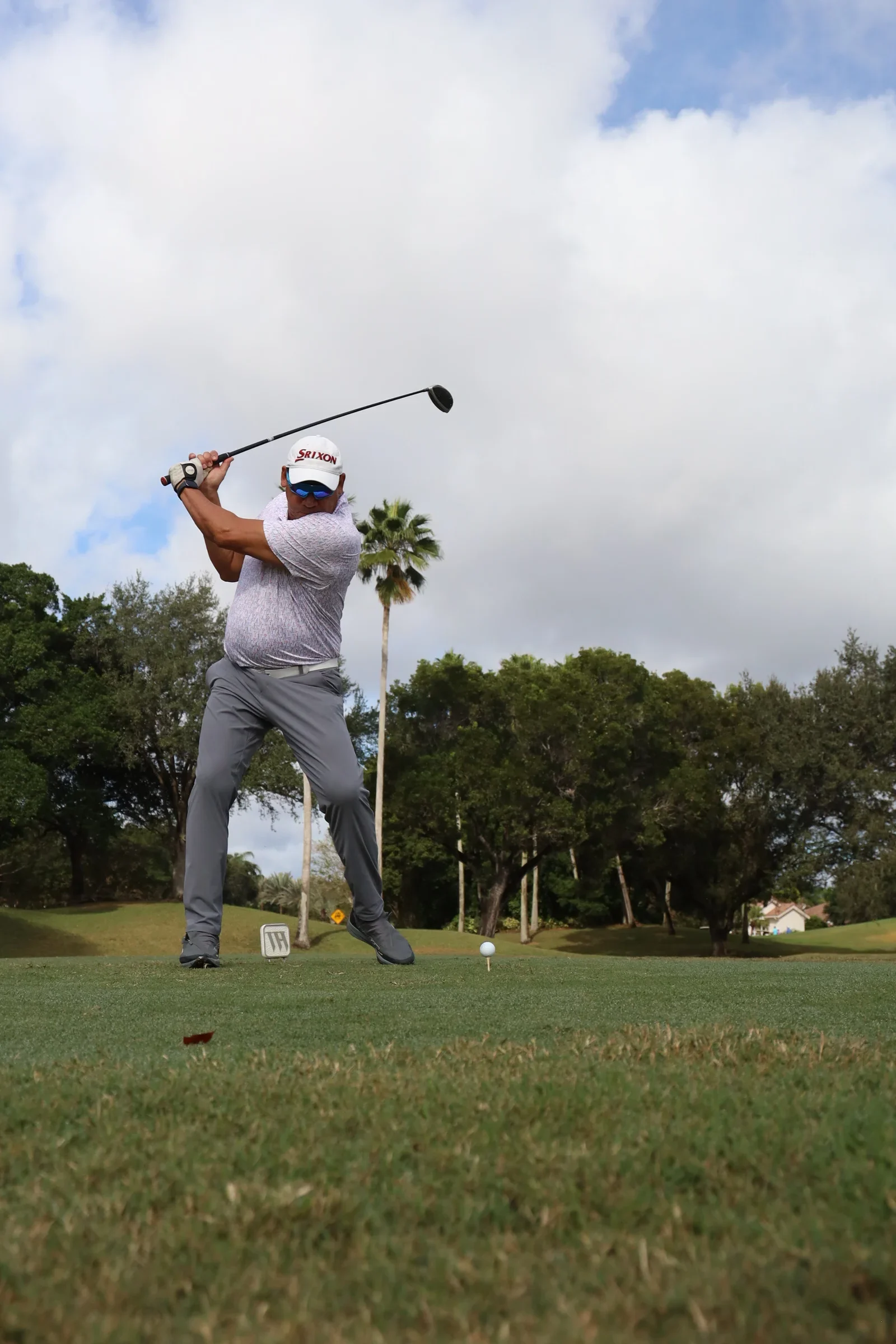 Un golfista en pleno swing en el tee, con palmeras al fondo.
