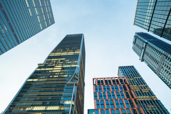 upward facing photo of skyscrapers in a city