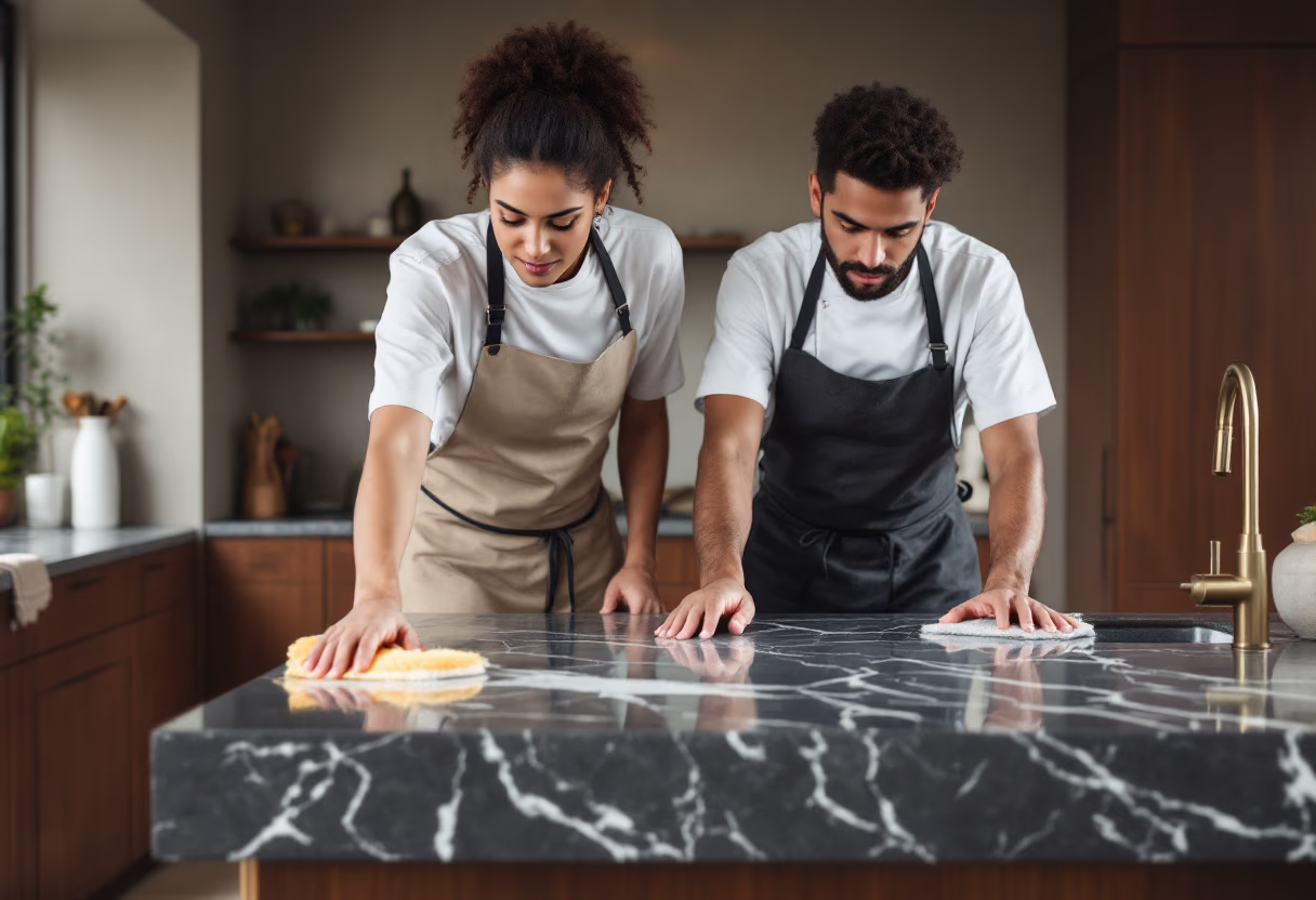 image of a sophisticated seasonal cleaning team at work in a high-end kitchen