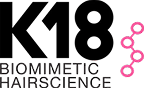 K18 Biomimetic Hairscience logo with stylized molecular structure in pink.