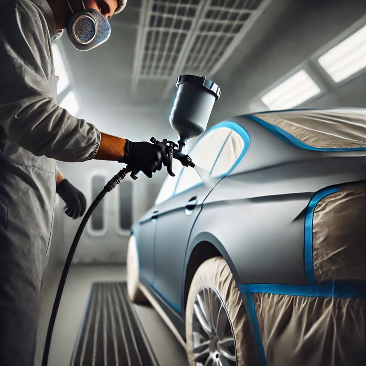 Person wearing protective mask and gloves spray painting the side of a masked car in an auto body shop.