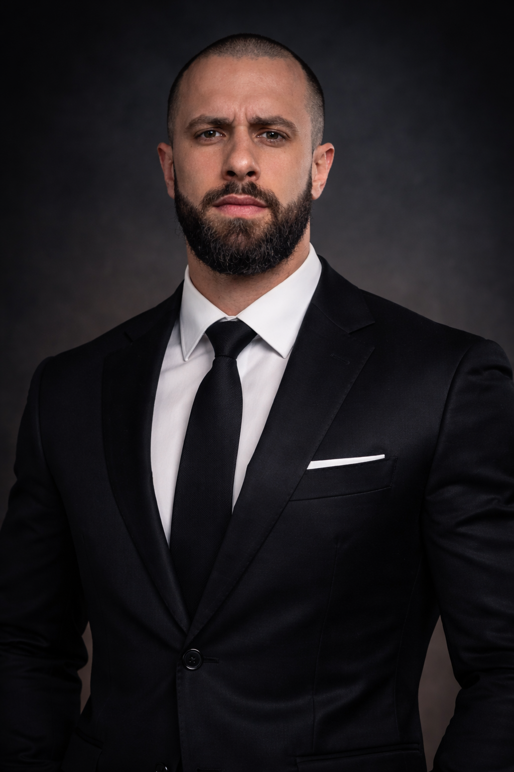 Portrait of a serious man with a beard and shaved head wearing a black suit, white shirt, and black tie against a dark background.