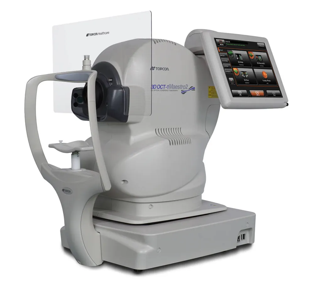 Topcon 3D OCT-1 Maestro2 optical coherence tomography machine with a touchscreen display.
