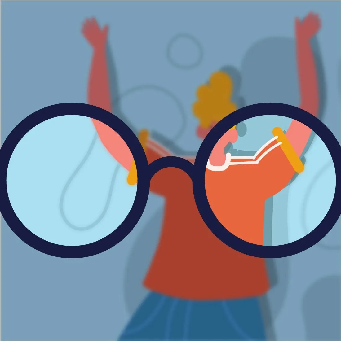 Illustration of person with raised arms seen clearly through eyeglasses lenses, highlighting the importance of eye exams.