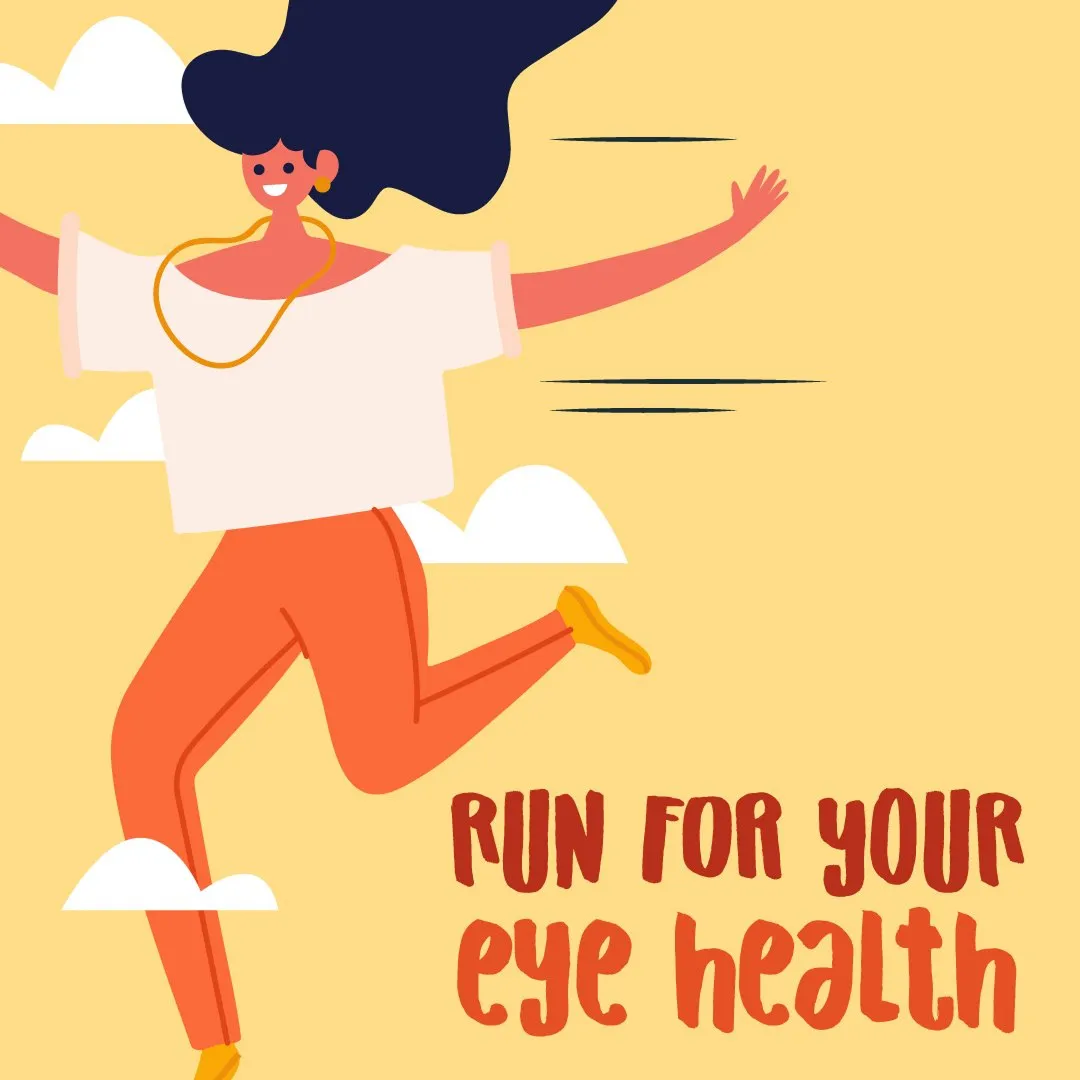 Illustration of a smiling woman joyfully running with the text 'Run for your eye health' on a yellow background.