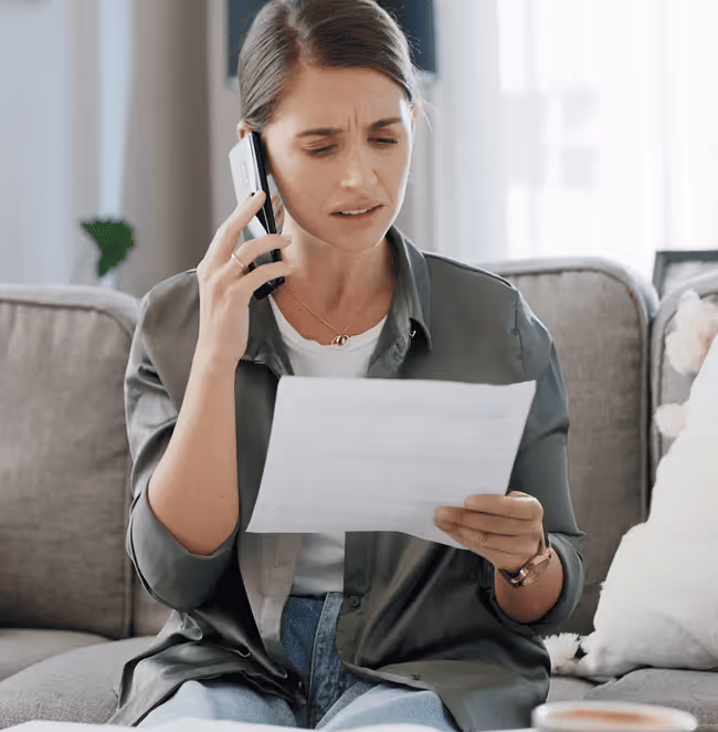 Concerned woman sitting on a couch, talking on a phone while looking at a document.