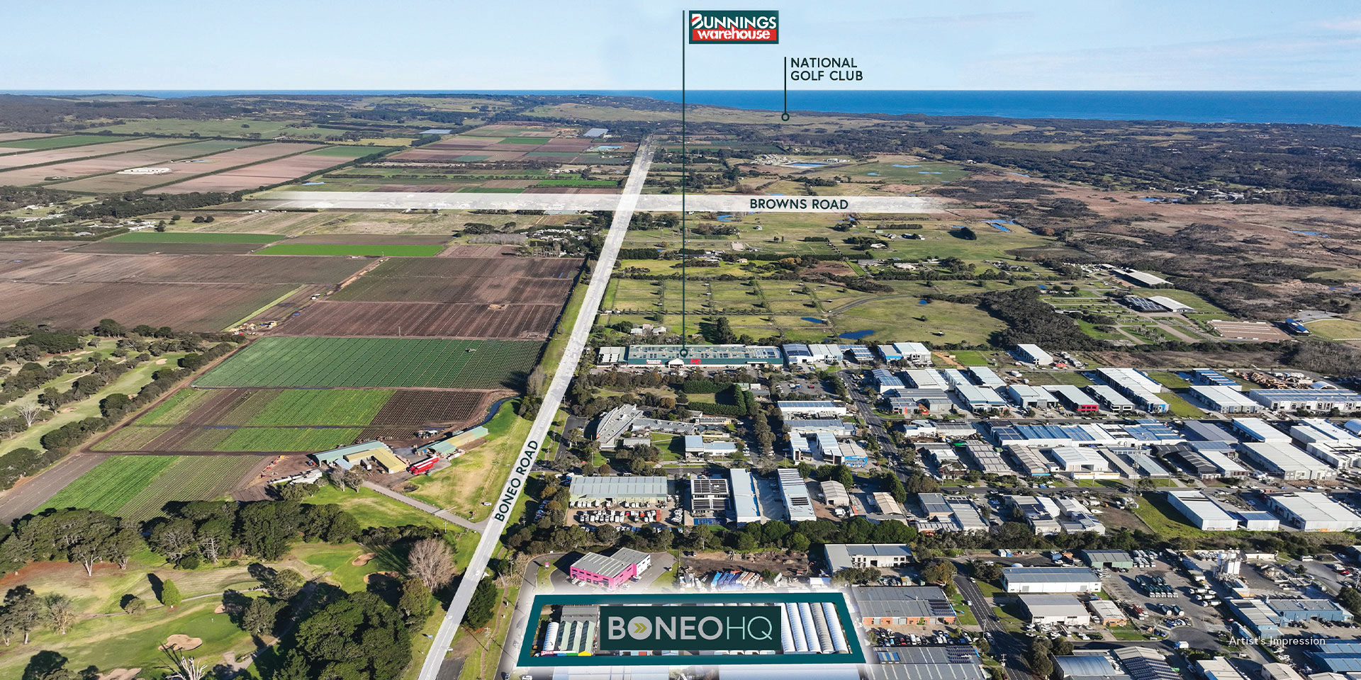 Drone photo of site and surrounding area, including Bunnings