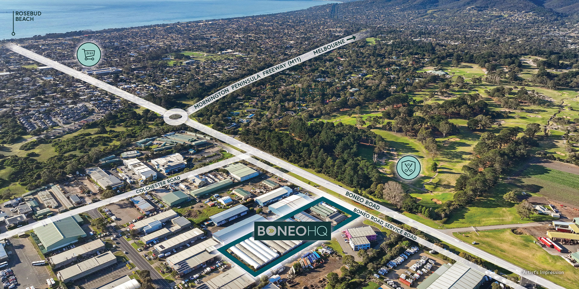 Drone photo showing major roads and nearby amenities