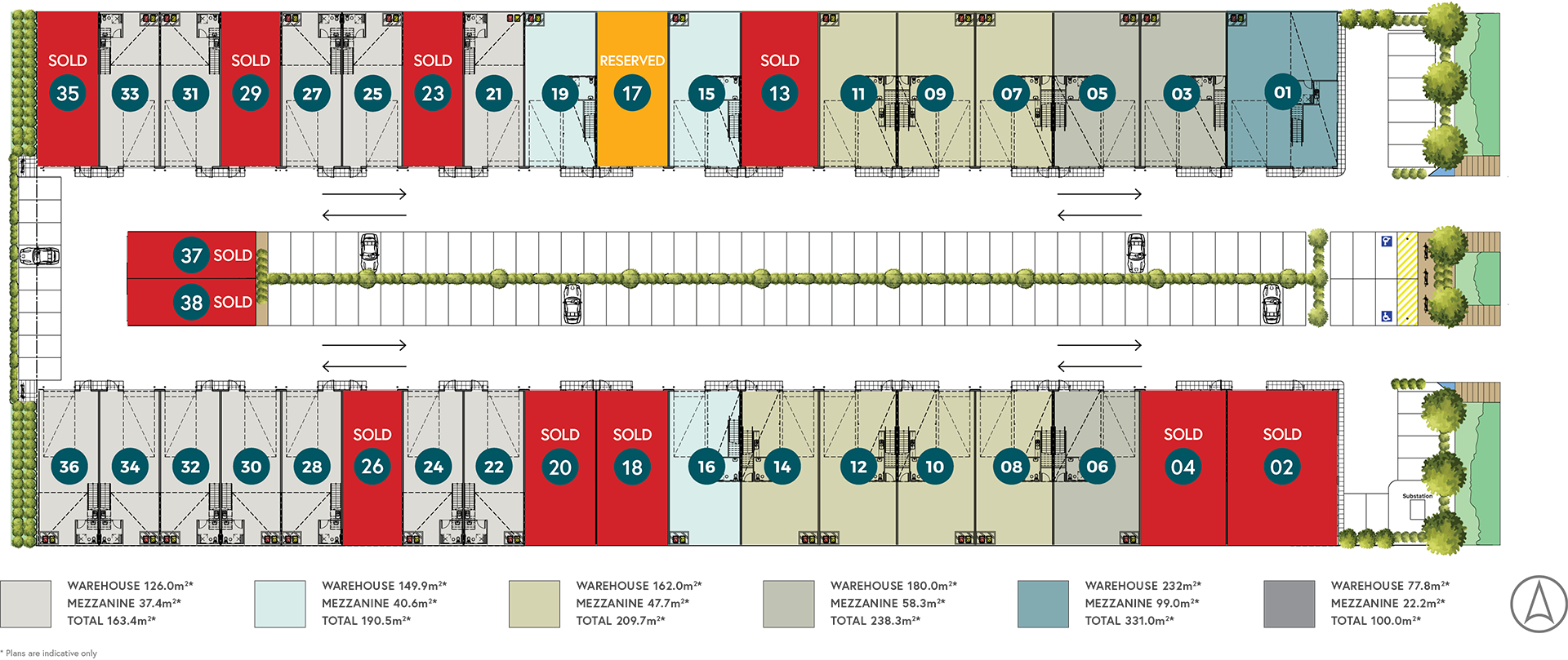 Site plan, map view of the 38 office warehouses for sale