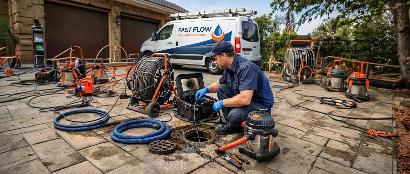 Technician in blue uniform inspecting a drain manhole with a camera system and drainage equipment outside a house.