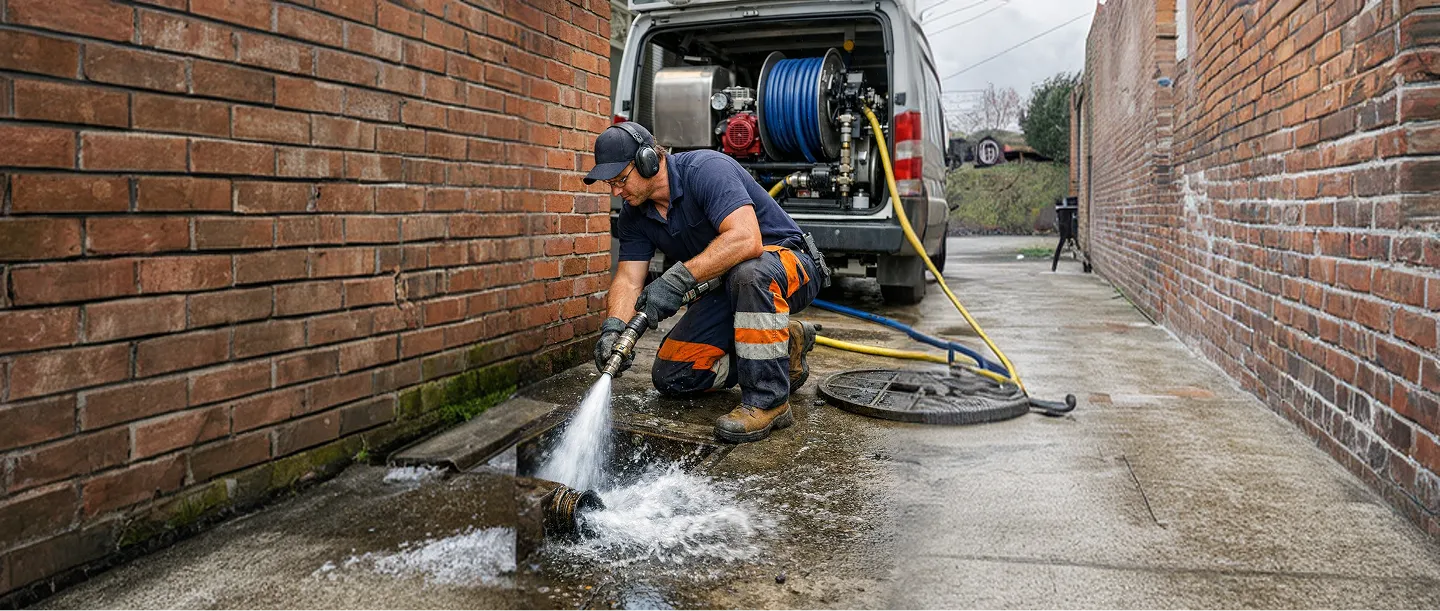 Worker in safety gear cleaning an outdoor drain with high-pressure water hose next to a service van.