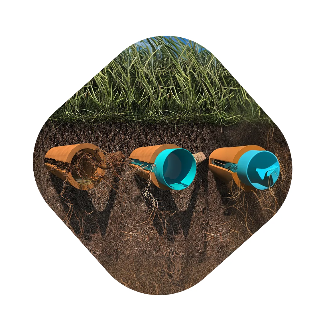 Cross-section of soil with three orange and blue irrigation pipes showing varying root growth around and inside them.