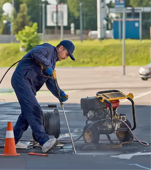 Worker in blue coveralls using a pressure washer to clean pavement near an orange traffic cone.