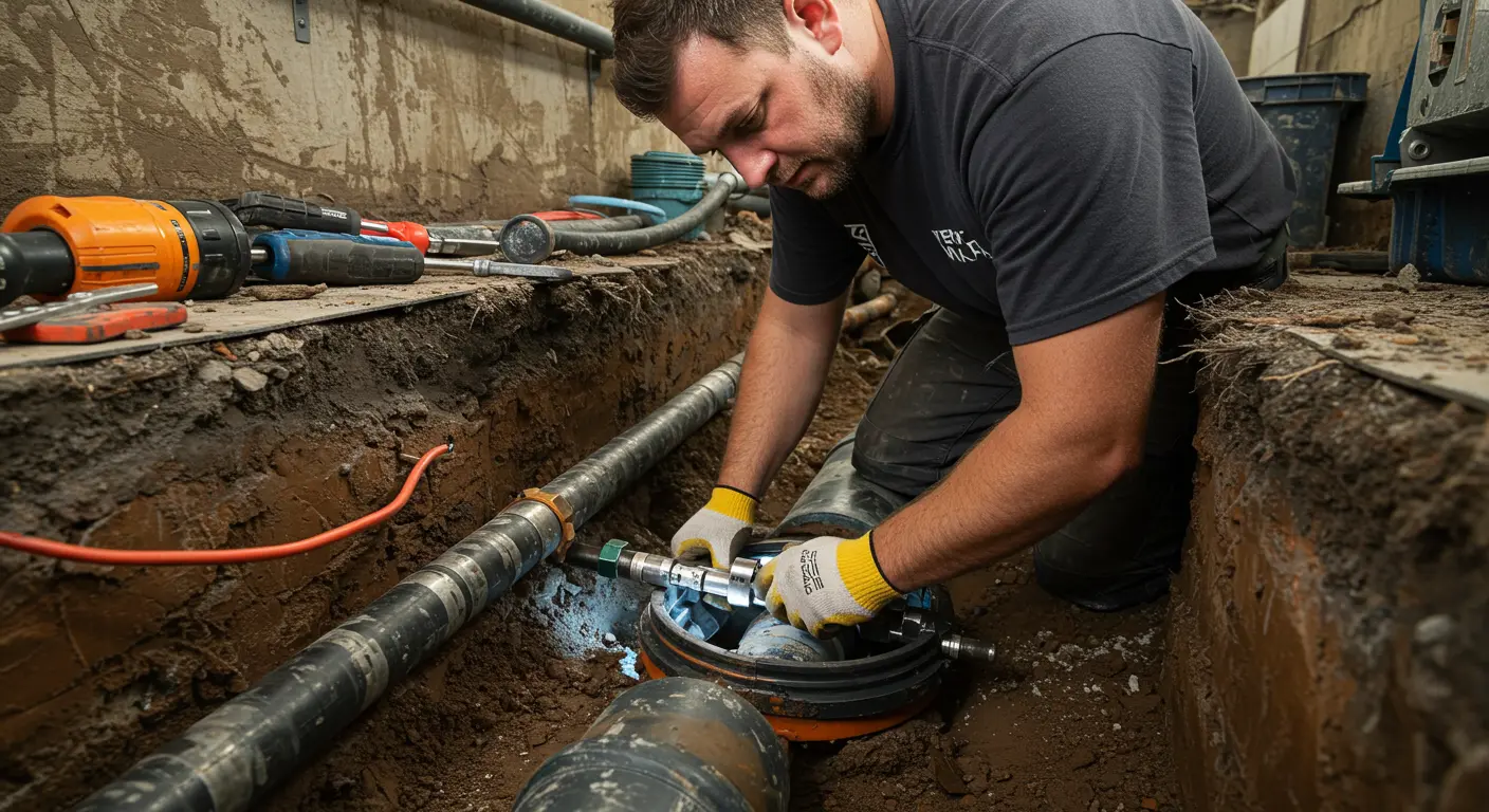 A person fixing sewer line