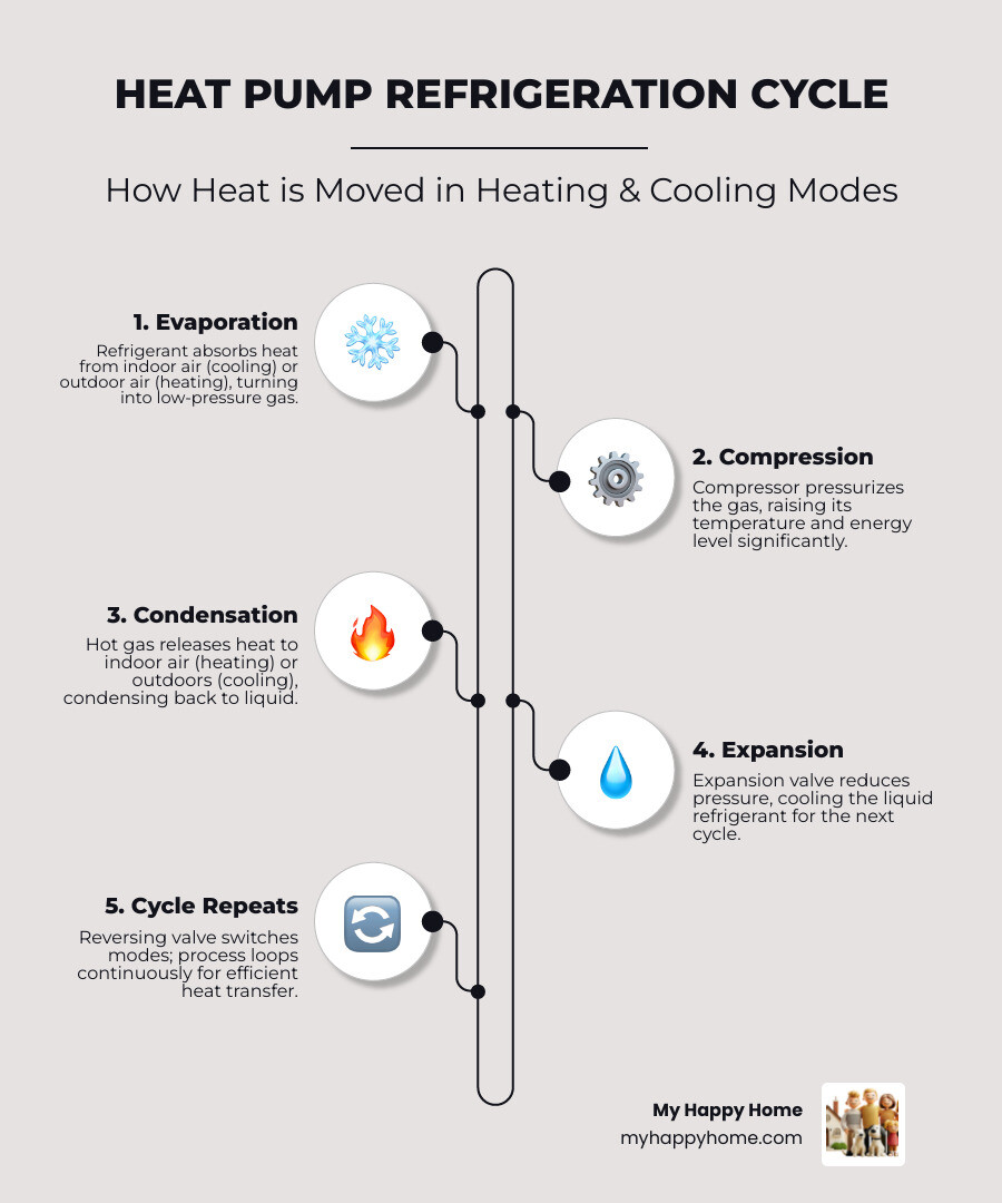 Infographic showing the basic heat pump refrigeration cycle with arrows indicating heat flow in both heating and cooling Infographic showing the basic heat pump refrigeration cycle with arrows indicating heat flow in both heating and cooling