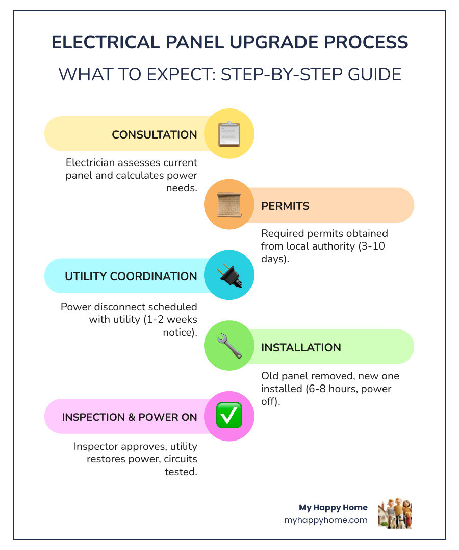 Electrical panel upgrade process infographic showing 7 steps from consultation to power restoration - electrical panel Electrical panel upgrade process infographic showing 7 steps from consultation to power restoration - electrical panel