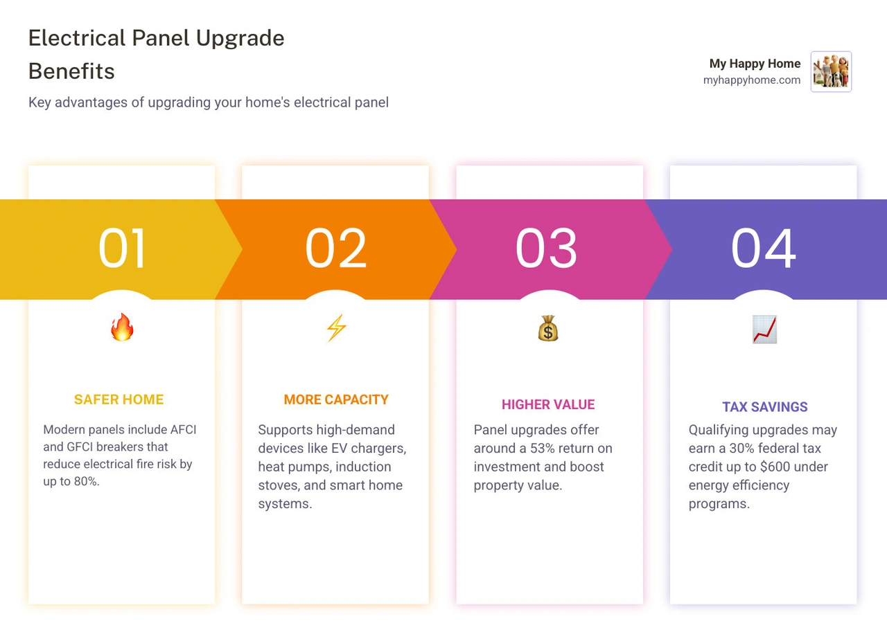 Infographic showing electrical panel upgrade benefits including safety, capacity, efficiency, home value, and tax credits Infographic showing electrical panel upgrade benefits including safety, capacity, efficiency, home value, and tax credits