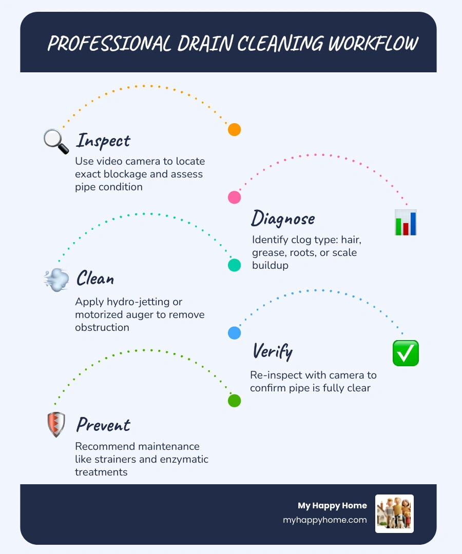 Infographic showing professional drain cleaning workflow from inspection to hydro-jetting to verification - drain cleaning Infographic showing professional drain cleaning workflow from inspection to hydro-jetting to verification - drain cleaning
